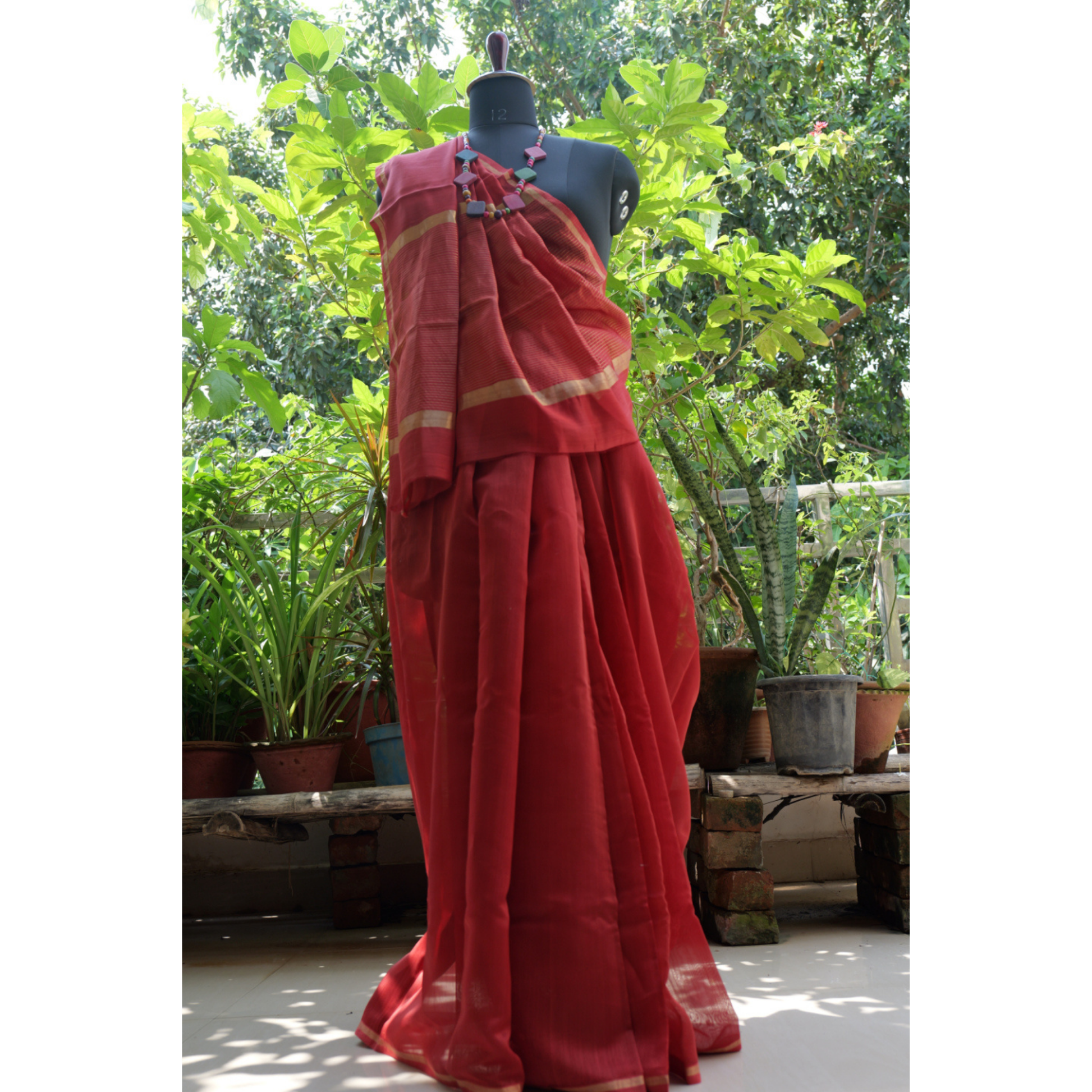 HANDLOOM COTTON-SILK SAREE – CLASSIC BRICK RED