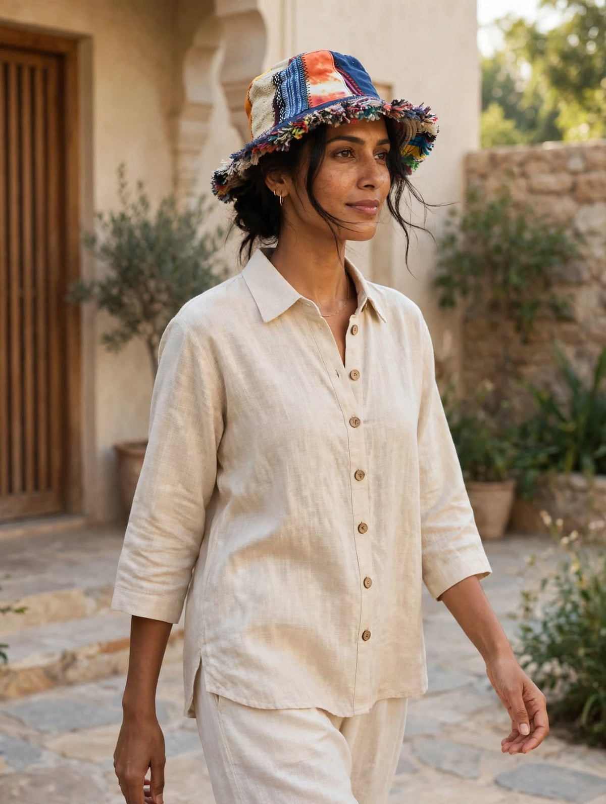 Hemp cotton patchwork hat fringed brim tilt side view 2