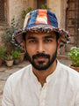 Hemp cotton patchwork hat fringed brim front view