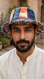 Hemp cotton patchwork hat fringed brim front view
