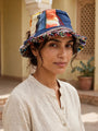 Hemp cotton patchwork hat fringed brim tilt side view
