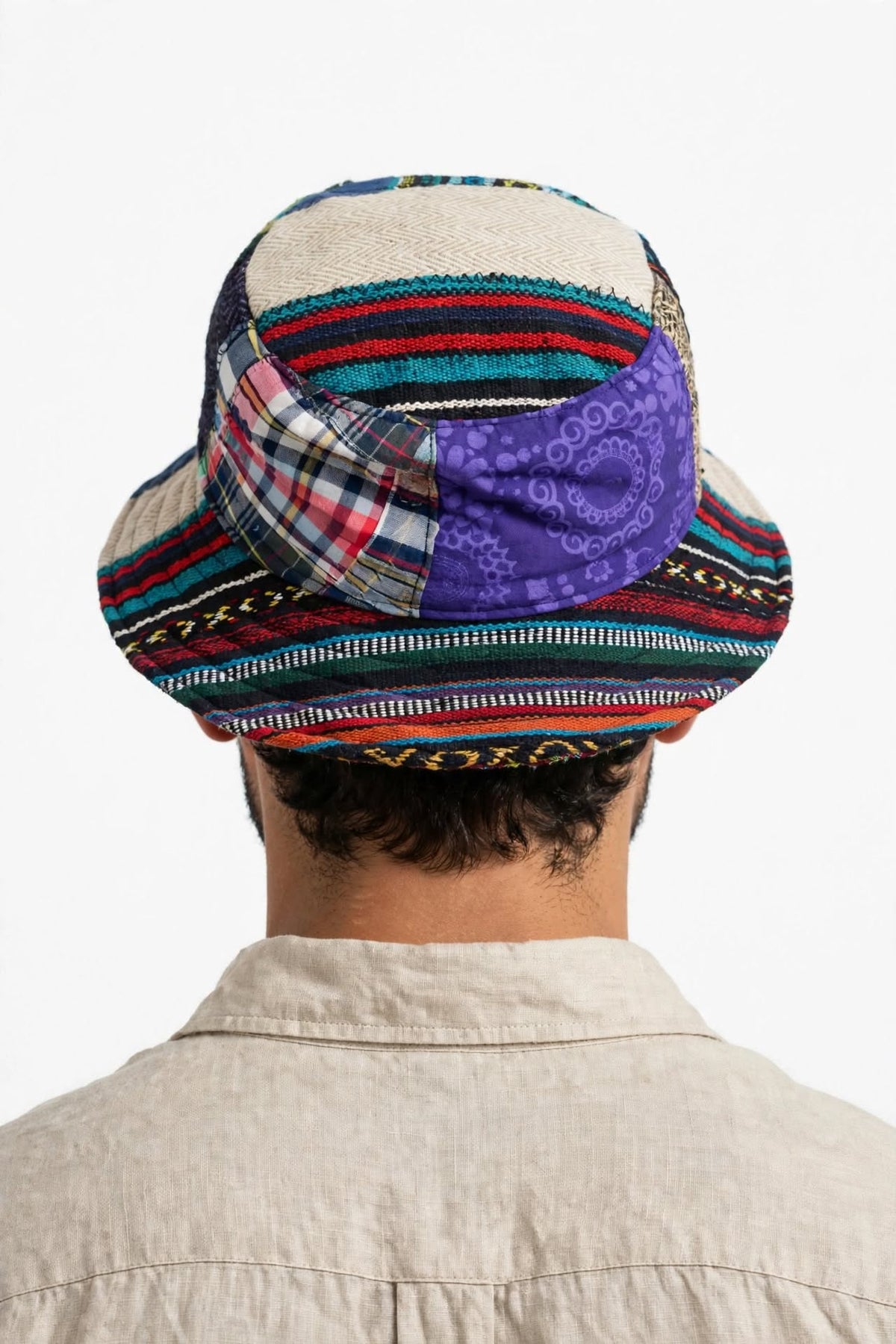 Hemp cotton patchwork hat wired brim back view